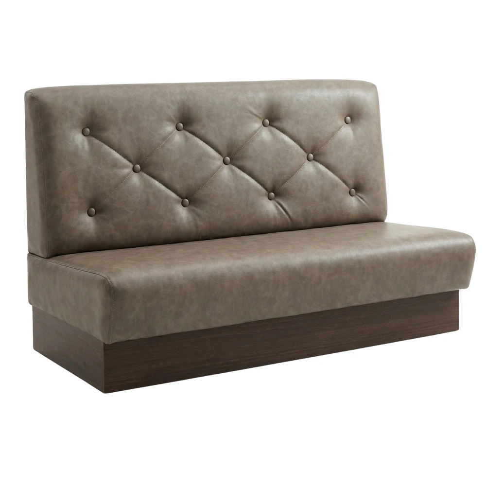 Gastro Sitzbank Laos 1 Gastro Sitzbank Laos in braunem Kunstleder – elegante Gastronomie Sitzbank mit klassischer Knopfheftung und hoher Rückenlehne, Farbe individuell anpassbar