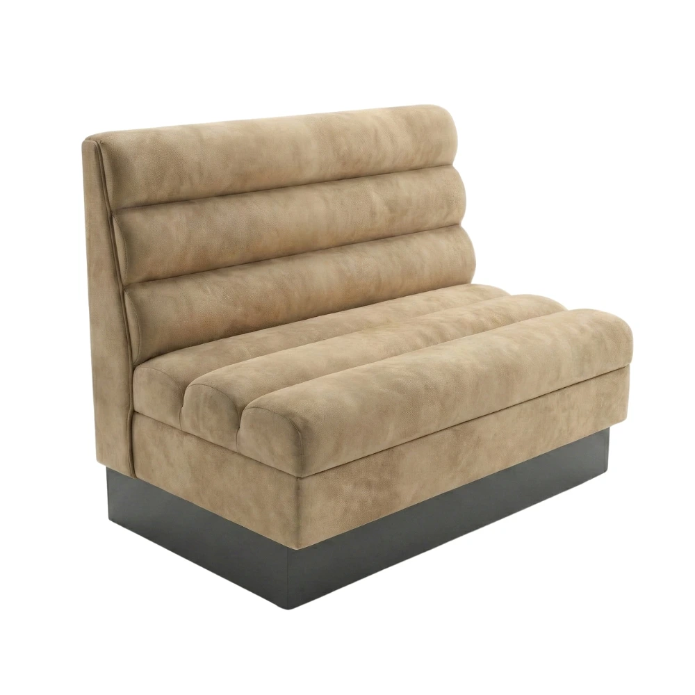 Gastro Sitzbank Lounge 2 Gastro Sitzbank Lounge in beigem Kunstleder – moderne, horizontal gesteppte Gastronomie Sitzbank mit hoher Rückenlehne, Farbe individuell anpassbar